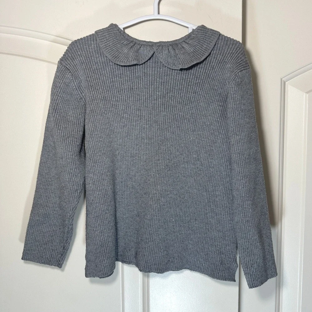 Zara Ribbed Sweater Kids 4-5 Grey Peter Pan Collar Long Sleeve Knit Top